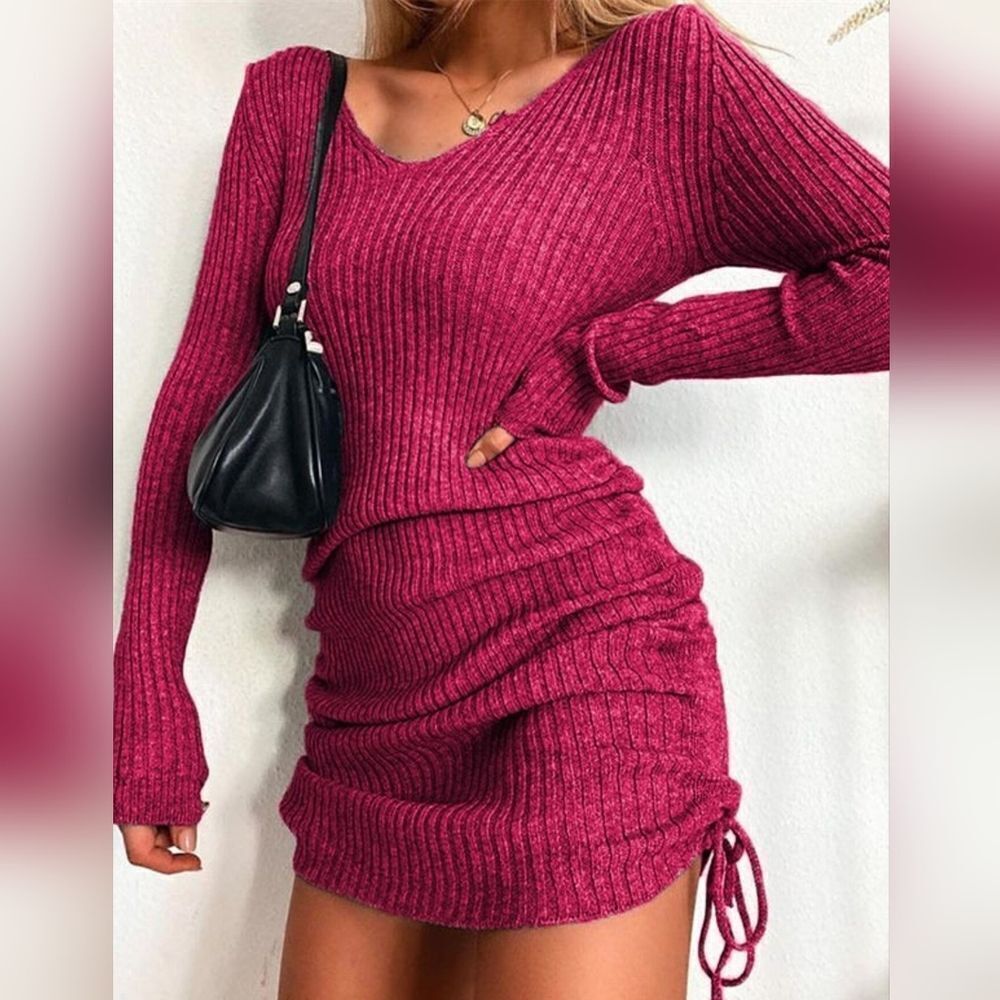 Casual Ruched Sweater Dress Ribbed Knit Drawstring Bodycon Hot Pink size Lg